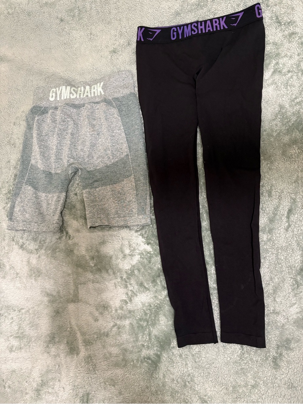 Gymshark women’s Black Leggings with Purple-Accent Waistband and green Shorts